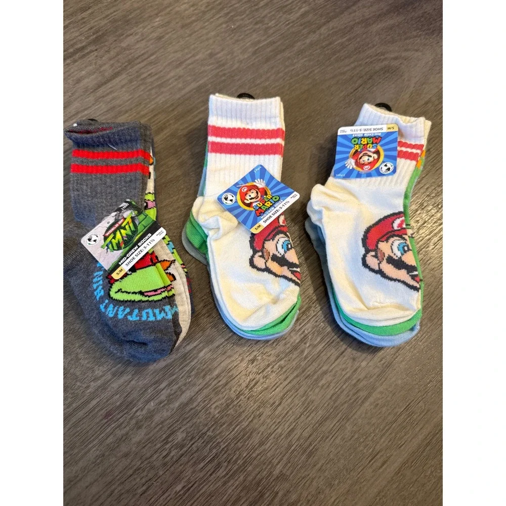 New Kids Super Mario and TMNT Mid-Crew Socks 3 Pack Bundle Size S/M 5-11.5